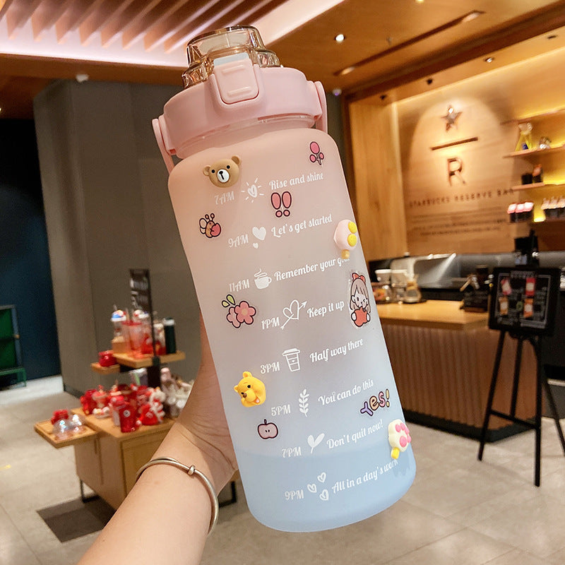 Stickers Water Bottle With Straw – 2000ml Cute Portable Scale Bottle