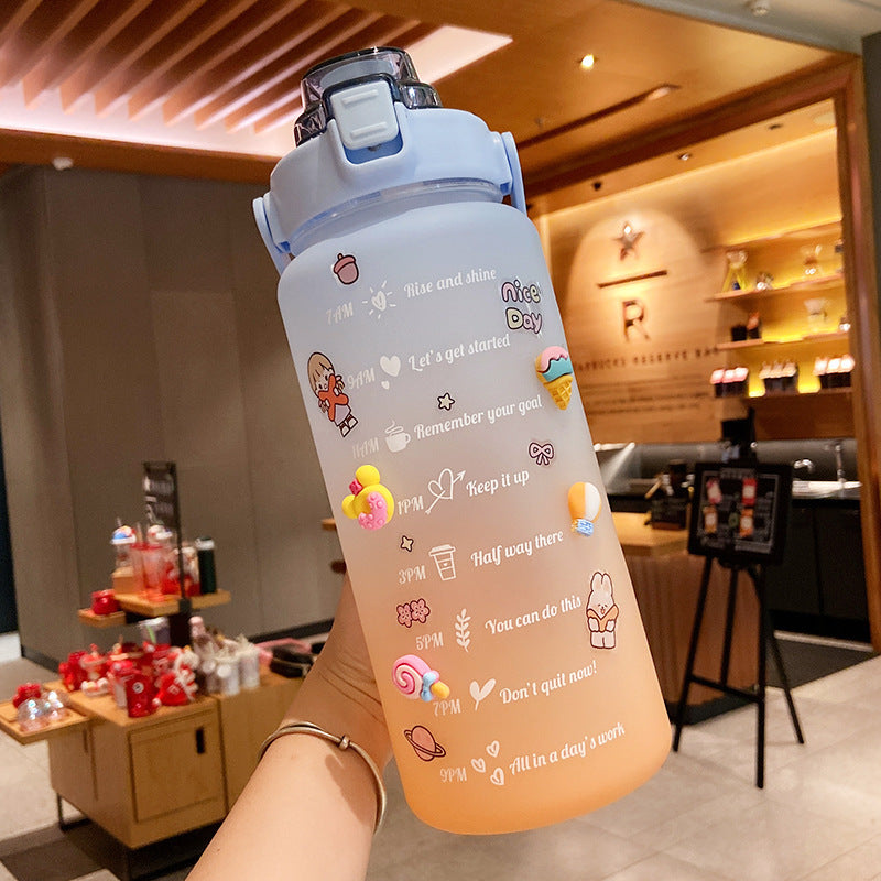 Stickers Water Bottle With Straw – 2000ml Cute Portable Scale Bottle