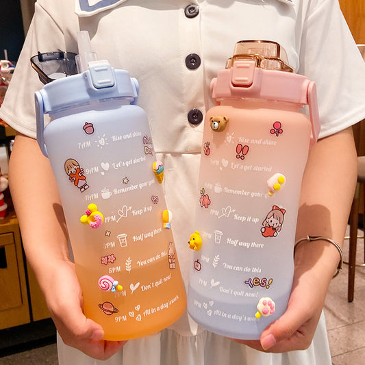 Stickers Water Bottle With Straw – 2000ml Cute Portable Scale Bottle